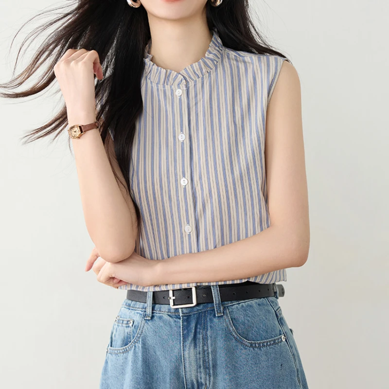 Casual Women's Shirt 2025 Spring/Summer New Sleeveless Tank Top Shirt Single Breasted Korean Popular Clothes Stripe Womens Tops
Casual Women's Shirt 2025 Spring/Summer New Sleeveless Tank Top Shirt Single Breasted Korean Popular Clothes Stripe Womens Tops