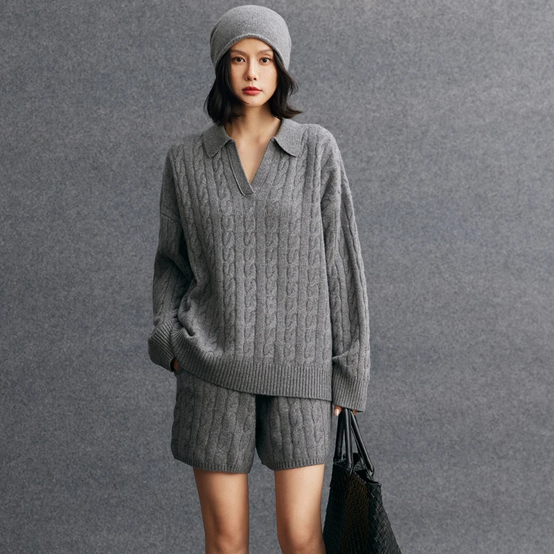 Women's set 100% cashmere POLO collar loose pullover sweater casual solid color knitted high waisted shorts pocket two-piece set
Women's set 100% cashmere POLO collar loose pullover sweater casual solid color knitted high waisted shorts pocket two-piece set