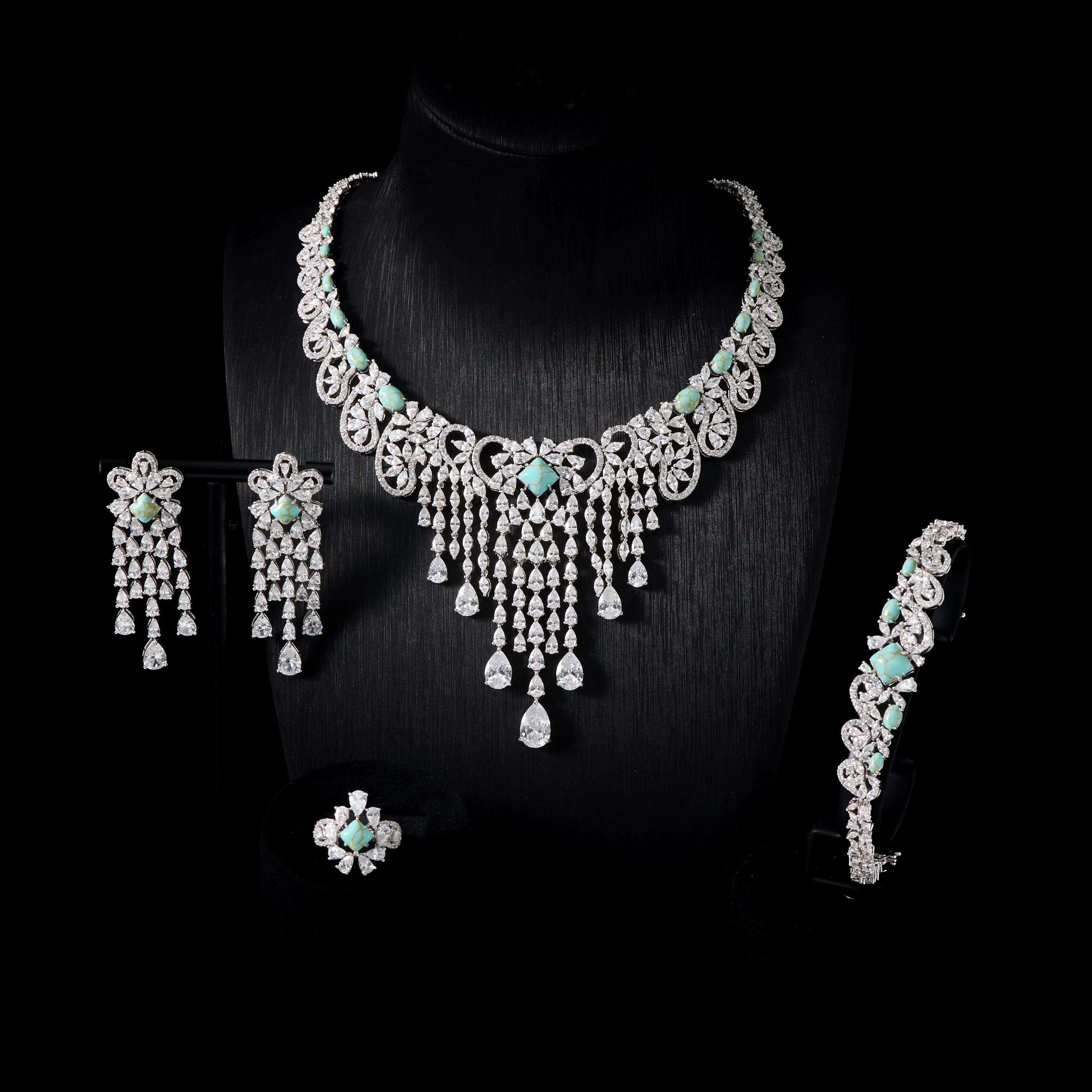 IN JEWELIFE 4Pcs Bridal Jewelry Set Turquoise & Cubic Zirconia Simulant Tassel Necklace Earrings Bracelet Ring - Elegant Stateme
IN JEWELIFE 4Pcs Bridal Jewelry Set Turquoise & Cubic Zirconia Simulant Tassel Necklace Earrings Bracelet Ring - Elegant Stateme