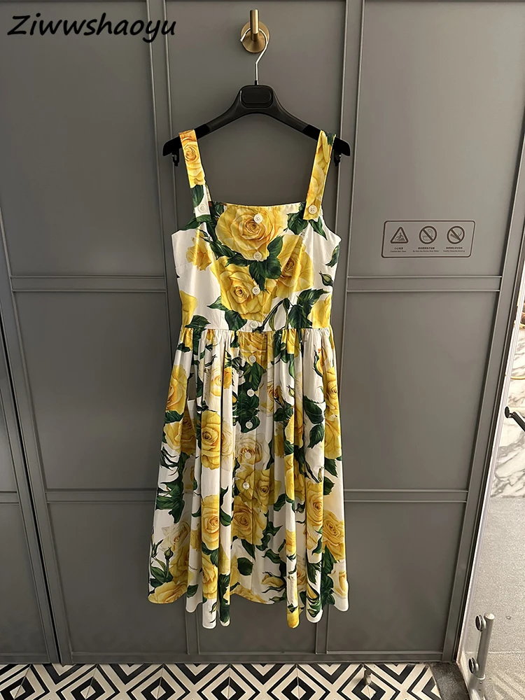 High Quality Summer Women Fashion Runway Designer Yellow Floral Printed Sexy Spaghetti Strap High Waist Big Swing A-Line Dresses
High Quality Summer Women Fashion Runway Designer Yellow Floral Printed Sexy Spaghetti Strap High Waist Big Swing A-Line Dresses