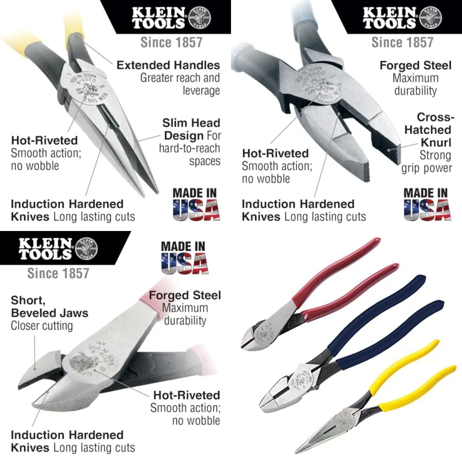 Plier Set, Made in USA, Lineman's Pliers, Diagonal Cutters, and Needle Nose, Induction Hardened Knives, 3-Piece
Plier Set, Made in USA, Lineman's Pliers, Diagonal Cutters, and Needle Nose, Induction Hardened Knives, 3-Piece