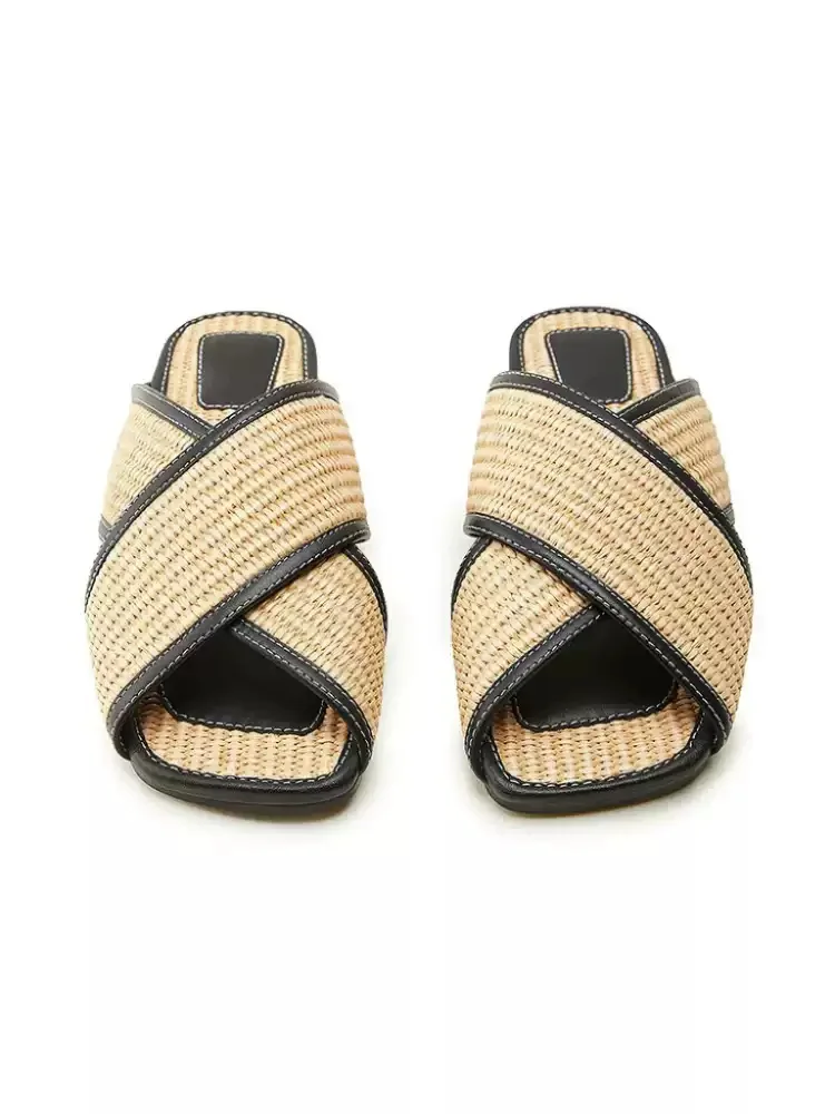 Women's Natural Woven Raffia Crisscross Strap Slide Sandals Black Trim Open Toe Flat Mules for Summer Beach Vacation Boho Wear
Women's Natural Woven Raffia Crisscross Strap Slide Sandals Black Trim Open Toe Flat Mules for Summer Beach Vacation Boho Wear