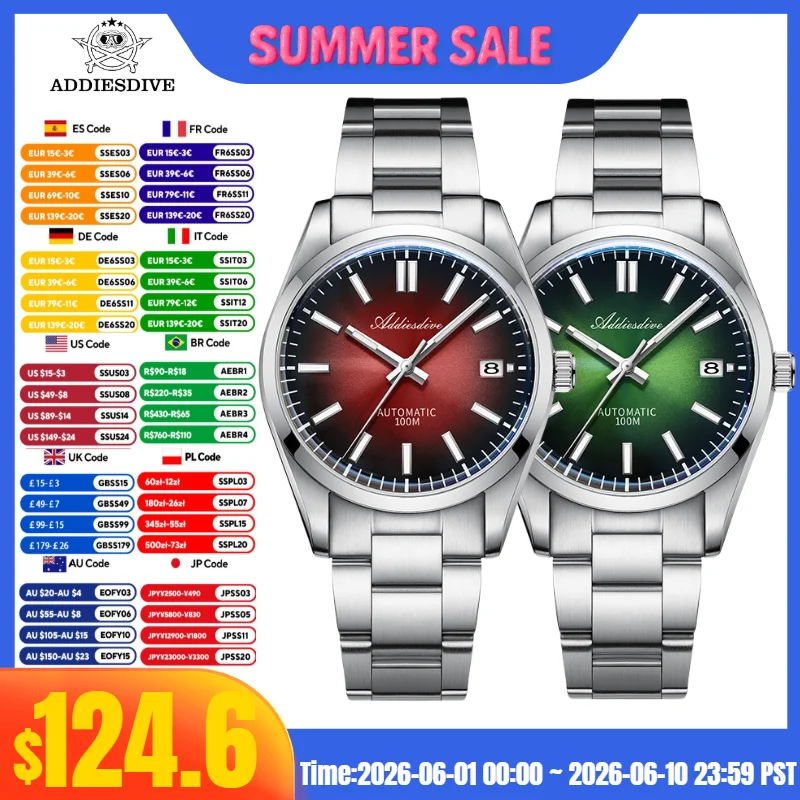 ADDIESDIVE TOP Hot Watch For Men Sunburst Dial Sapphire Glass 10Bar Diving BGW9 Luminous NH35A Automatic Mechanical Watches
ADDIESDIVE TOP Hot Watch For Men Sunburst Dial Sapphire Glass 10Bar Diving BGW9 Luminous NH35A Automatic Mechanical Watches