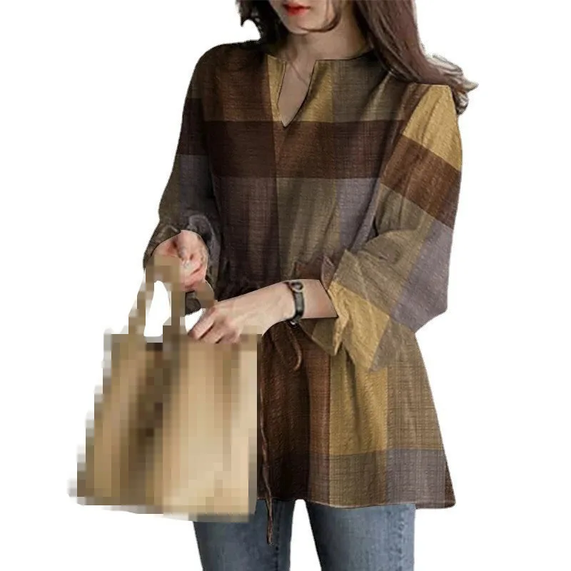 Spring Autumn Women's New Fashion Horn Sleeve Grid Pattern Printed Sexy V-neck Casual Loose Comfortable Top T-shirt
Spring Autumn Women's New Fashion Horn Sleeve Grid Pattern Printed Sexy V-neck Casual Loose Comfortable Top T-shirt