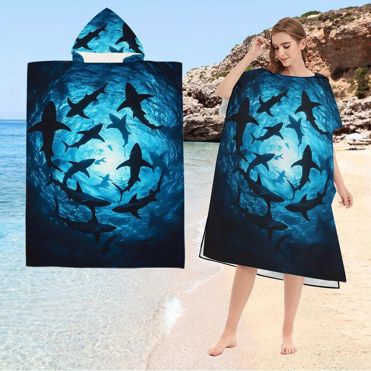 1pc Shark Print Surf Poncho Towel, Polyester Hooded Beach Changing Robe, Ocean Shark Swim Poncho, Adult & Kids Beach Robe for Sw
1pc Shark Print Surf Poncho Towel, Polyester Hooded Beach Changing Robe, Ocean Shark Swim Poncho, Adult & Kids Beach Robe for Sw