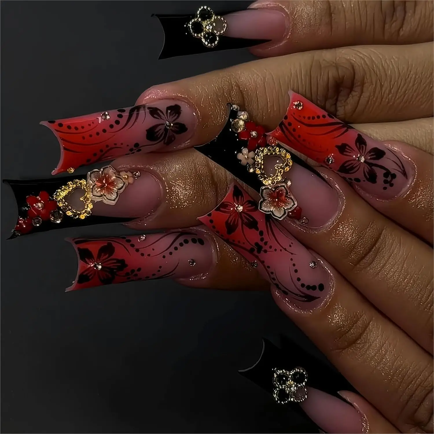 24Pcs Red French Tip Fake Nails Long Square Press on Nails with 3D Flower Rhinestones Gold Heart Designs for Women
24Pcs Red French Tip Fake Nails Long Square Press on Nails with 3D Flower Rhinestones Gold Heart Designs for Women