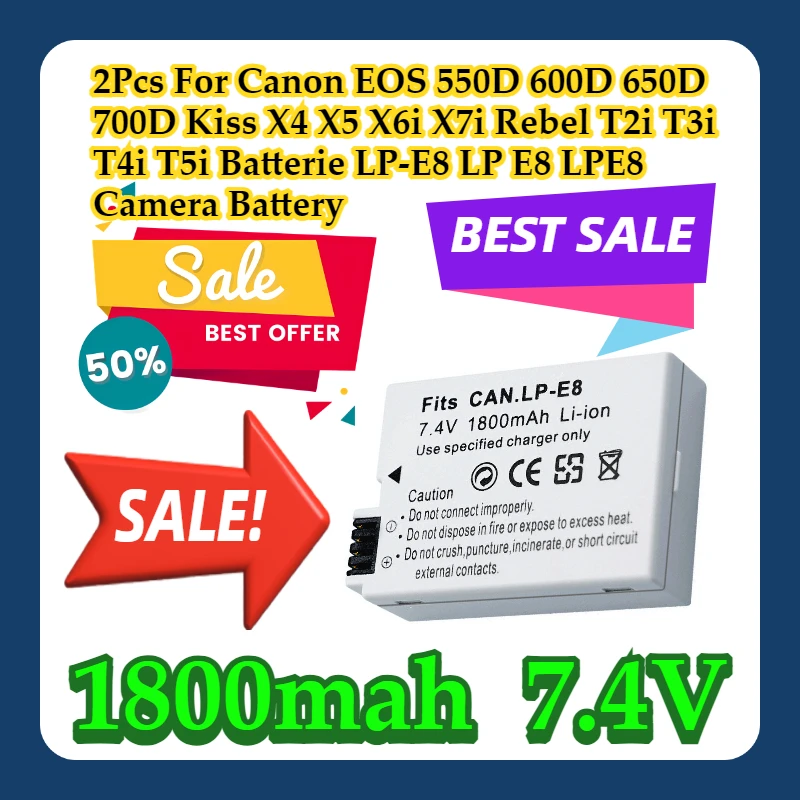 2Pcs For Canon EOS 550D 600D 650D 700D Kiss X4 X5 X6i X7i Rebel T2i T3i T4i T5i Batterie 1800mah LP-E8 LP E8 LPE8 Camera Battery
2Pcs For Canon EOS 550D 600D 650D 700D Kiss X4 X5 X6i X7i Rebel T2i T3i T4i T5i Batterie 1800mah LP-E8 LP E8 LPE8 Camera Battery