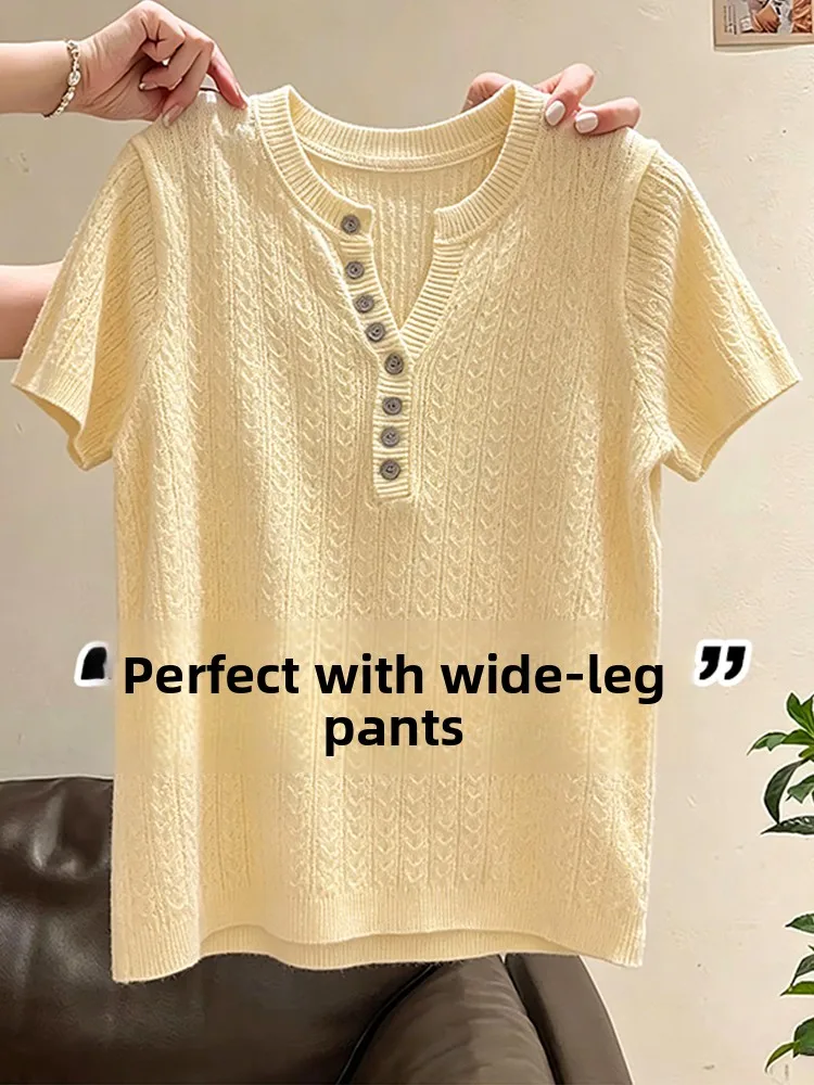 Korean Style Half Open V-Neck Short Sleeve Knitted T-Shirt Women's Summer Fashion Anti-Aging Base Layer Slimming Small Top
Korean Style Half Open V-Neck Short Sleeve Knitted T-Shirt Women's Summer Fashion Anti-Aging Base Layer Slimming Small Top