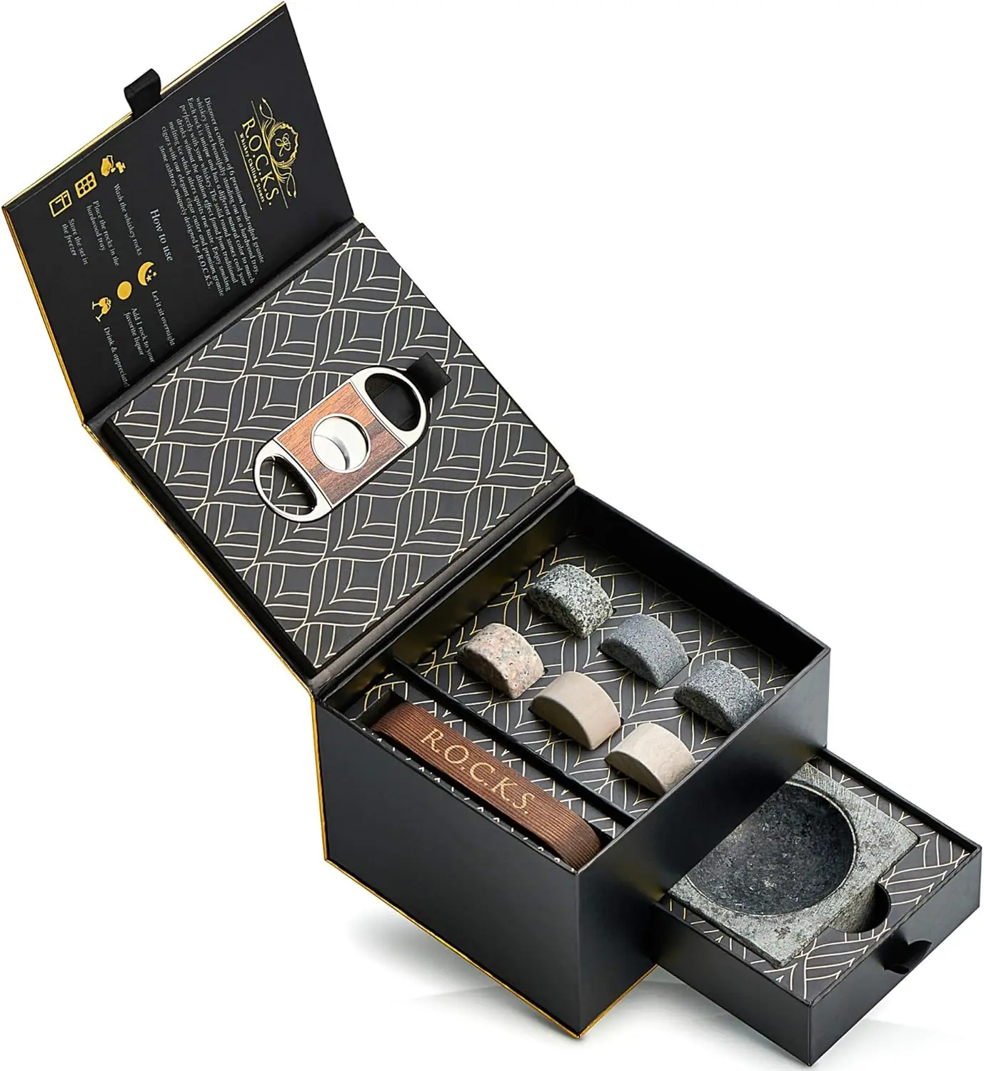 Whiskey Stones Gift Set with Cigar Cutter & Ashtray - 6 Granite Chilling Rocks, Tray - Bar Accessories Gift Box
Whiskey Stones Gift Set with Cigar Cutter & Ashtray - 6 Granite Chilling Rocks, Tray - Bar Accessories Gift Box