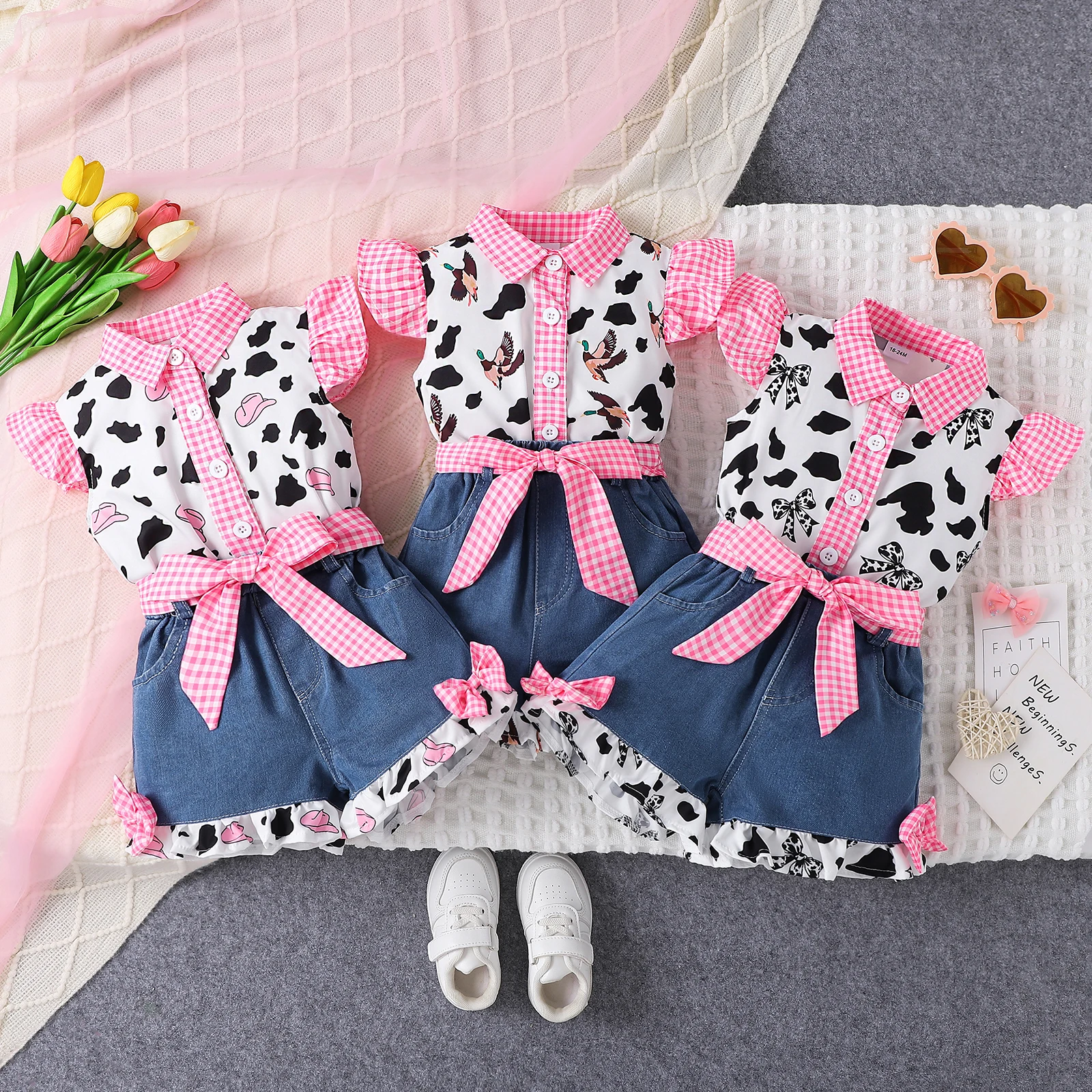 3 шт., новый летний стильный топ для девочек 1-6 лет, милый и милый розовый клетчатый топ с принтом + джинсовые шорты
3 шт., новый летний стильный топ для девочек 1-6 лет, милый и милый розовый клетчатый топ с принтом + джинсовые шорты