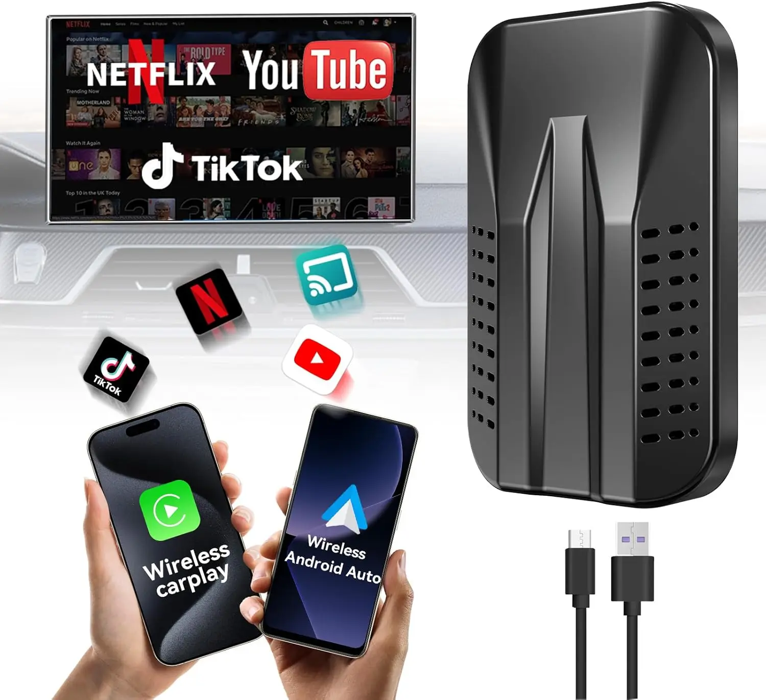 Беспроводной адаптер CarPlay и Android Auto 4-в-1, Carplay Ai Box, Plug & Play, поддержка зеркала на экране, TF-карты, Netflix, YouTube,
Беспроводной адаптер CarPlay и Android Auto 4-в-1, Carplay Ai Box, Plug & Play, поддержка зеркала на экране, TF-карты, Netflix, YouTube,