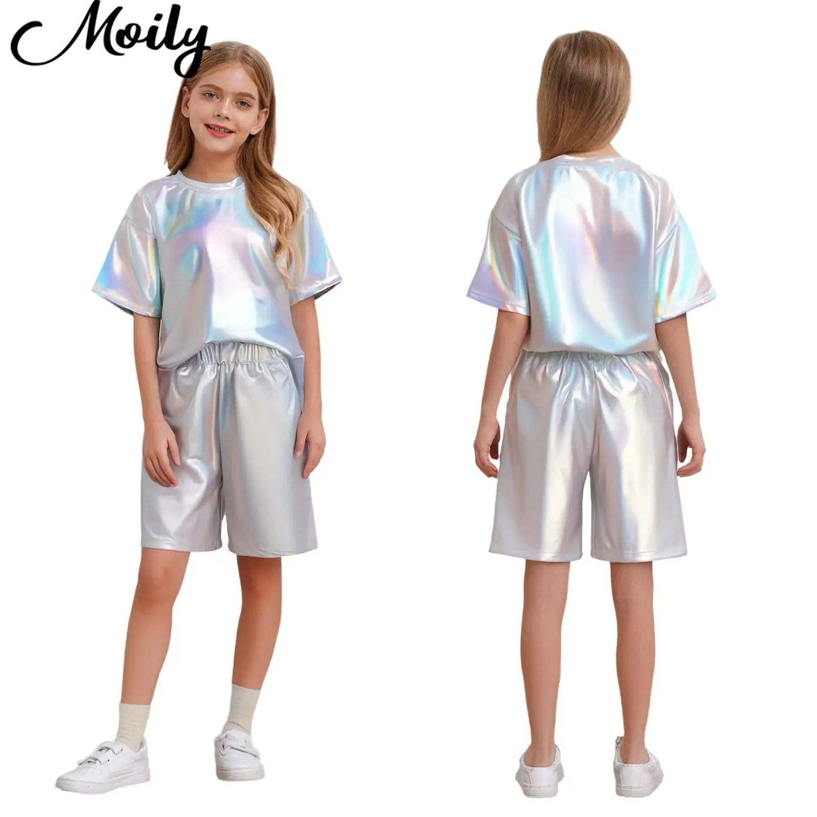 Children's Fashion Jazz Dance Outfit Girls Boys Hip-Hop Performance Set Short Sleeve Metallic T-shirt+Shorts Summer Dancewear
Children's Fashion Jazz Dance Outfit Girls Boys Hip-Hop Performance Set Short Sleeve Metallic T-shirt+Shorts Summer Dancewear