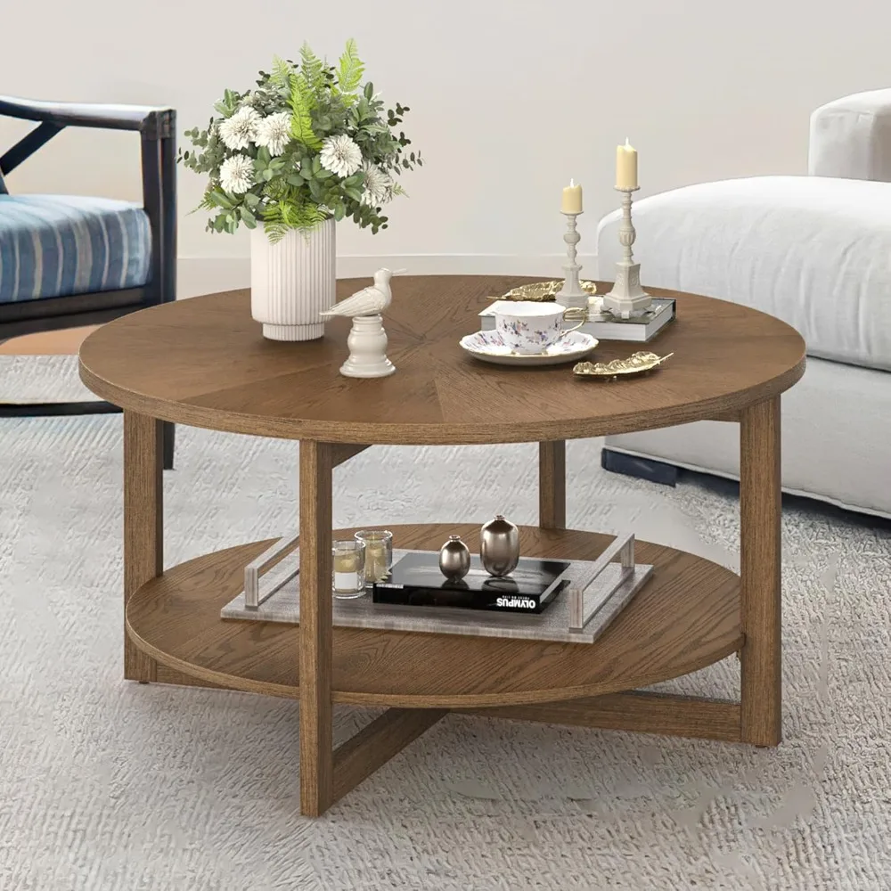 Round Coffee Table, 35" Rustic Modern Circle Coffee Tables with 2-Tier Storage Shelf, Wood Coffee Table for Living Room, Dark Wo
Round Coffee Table, 35" Rustic Modern Circle Coffee Tables with 2-Tier Storage Shelf, Wood Coffee Table for Living Room, Dark Wo