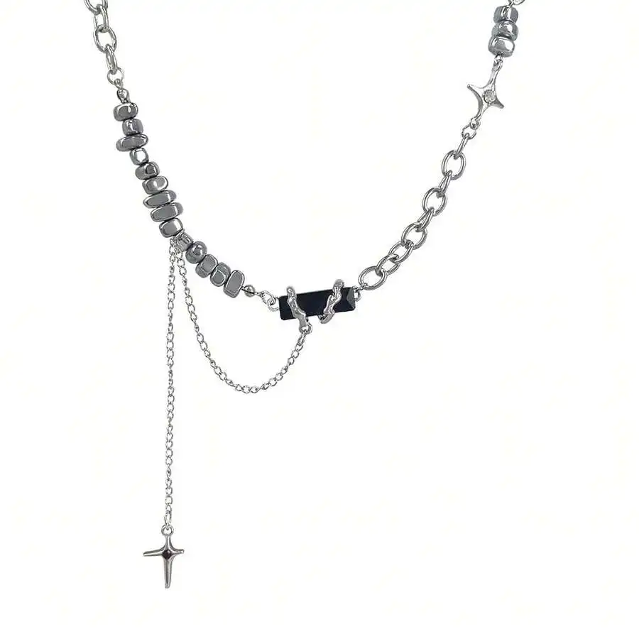 Layered Silver Chain Necklace with Irregular Beads, Black Stone Bar and Star Charm Pendant
Layered Silver Chain Necklace with Irregular Beads, Black Stone Bar and Star Charm Pendant