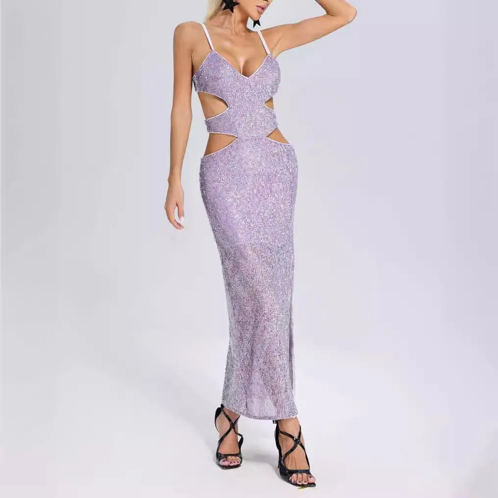 Purple fashion high sense hollow backless suspender sexy spice girl sequined split dress women's party sexy temperament elegant
Purple fashion high sense hollow backless suspender sexy spice girl sequined split dress women's party sexy temperament elegant