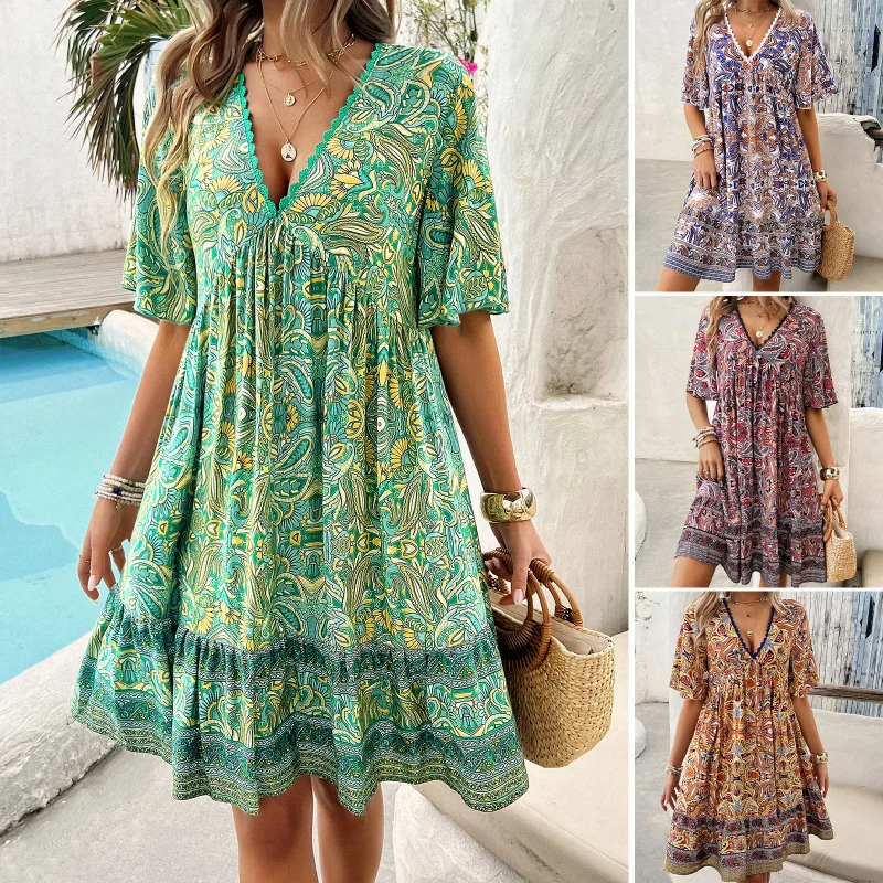 Diyun Women'S Vacation Casual Color Contrast Printed V-Neck Dress 
Diyun Women'S Vacation Casual Color Contrast Printed V-Neck Dress