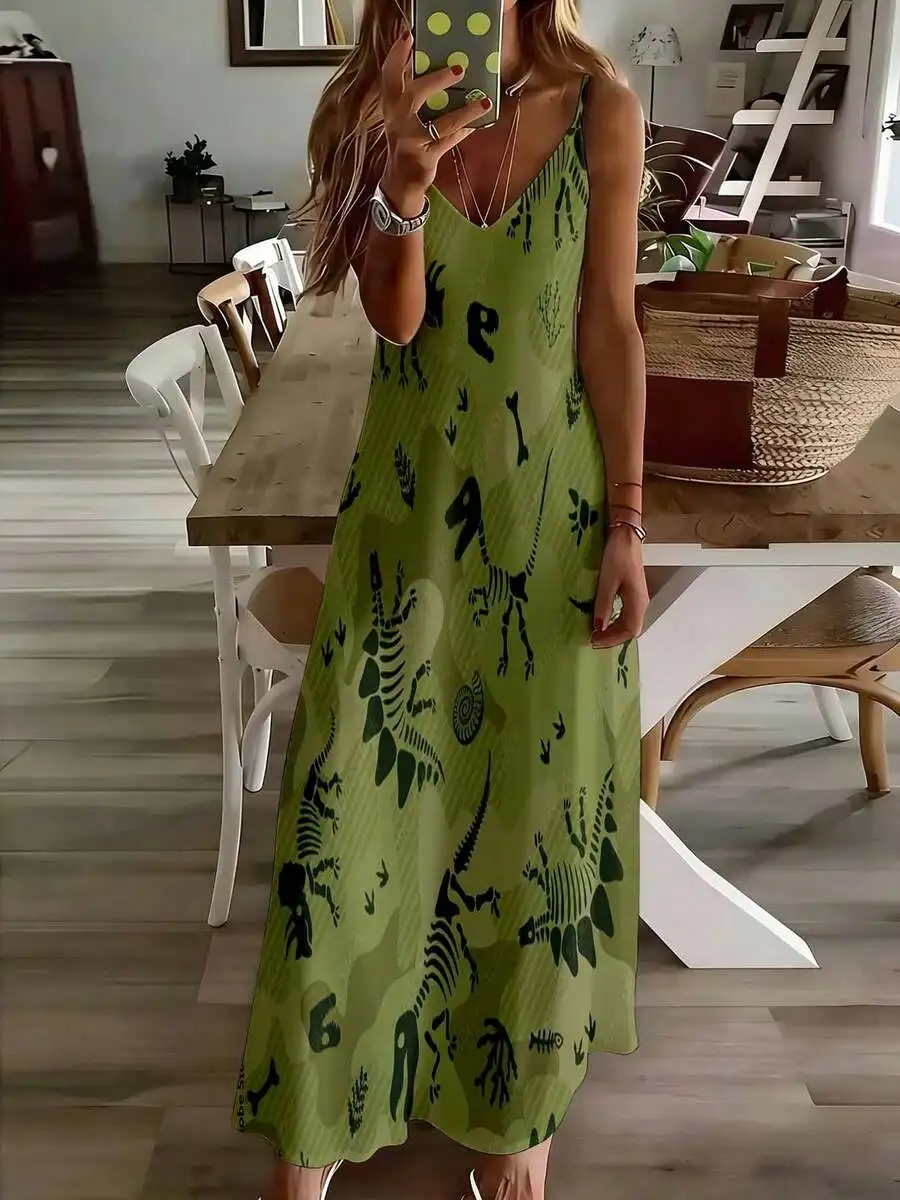 Green Dinosaur Print Sleeveless V Neck Maxi Dress For Women Casual Summer Wear
Green Dinosaur Print Sleeveless V Neck Maxi Dress For Women Casual Summer Wear