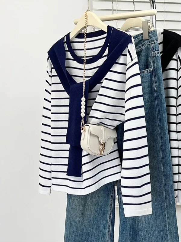 Navy Collar Poncho Women's Striped Knitwear plus Size Slimming Blue Spring Early Season Casual Korean Style Long Sleeve Top
Navy Collar Poncho Women's Striped Knitwear plus Size Slimming Blue Spring Early Season Casual Korean Style Long Sleeve Top