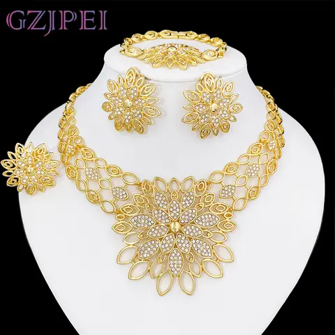 Luxury Jewelry Set For Women High Quality 18K Gold Plated Dubai Jewelry Necklace Earring Ring Bracelet Trending
