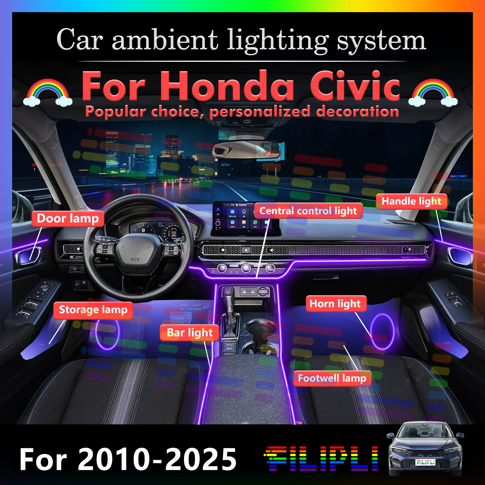 For Honda Civci Decorative Car Interior Lighting RGB 64 Colors LED Wireless Control Power Saving
For Honda Civci Decorative Car Interior Lighting RGB 64 Colors LED Wireless Control Power Saving