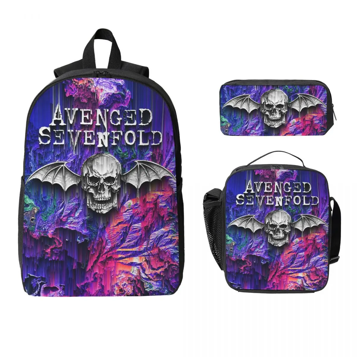 Рюкзак Avenged Sevenfold, студенческая сумка для книг для мальчиков и девочек, школьная сумка, компьютерные сумки на плечо, 3 шт., изолированная сумка для обеда, пенал
Рюкзак Avenged Sevenfold, студенческая сумка для книг для мальчиков и девочек, школьная сумка, компьютерные сумки на плечо, 3 шт., изолированная сумка для обеда, пенал