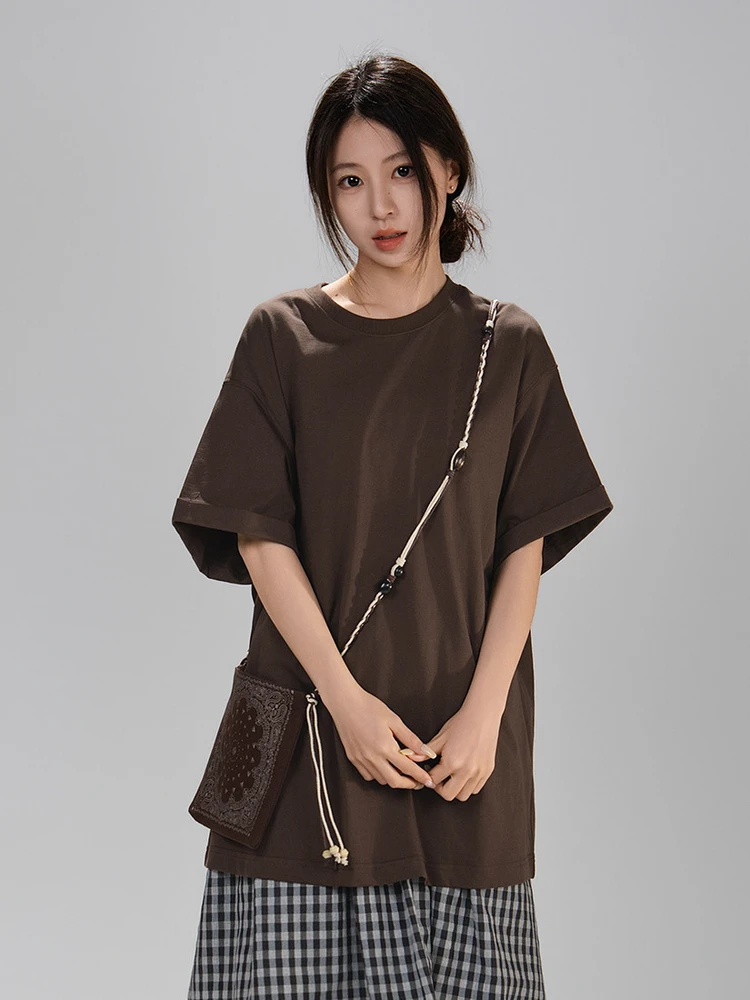 Loose Lazy Style Mid-Length T-Shirt with Small Crossbody Bag Roll-Up Sleeve Women's Large Version Artisanal Series Cotton Tee
Loose Lazy Style Mid-Length T-Shirt with Small Crossbody Bag Roll-Up Sleeve Women's Large Version Artisanal Series Cotton Tee