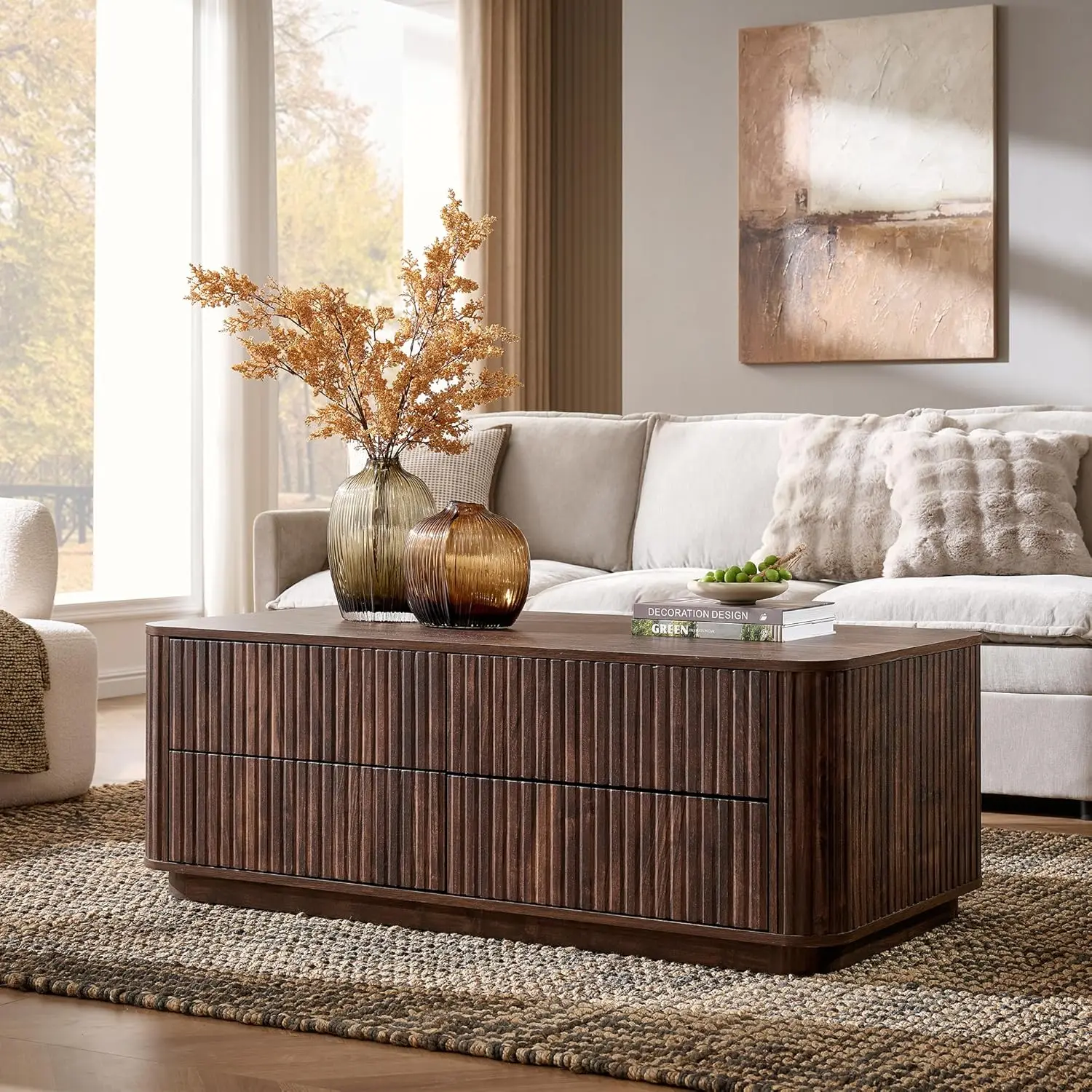 51" Fluted Coffee Table with 4 Drawers, Mid Century Modern Large Coffee Table with Storage, Rectangle Wood Center, Customized
51" Fluted Coffee Table with 4 Drawers, Mid Century Modern Large Coffee Table with Storage, Rectangle Wood Center, Customized
