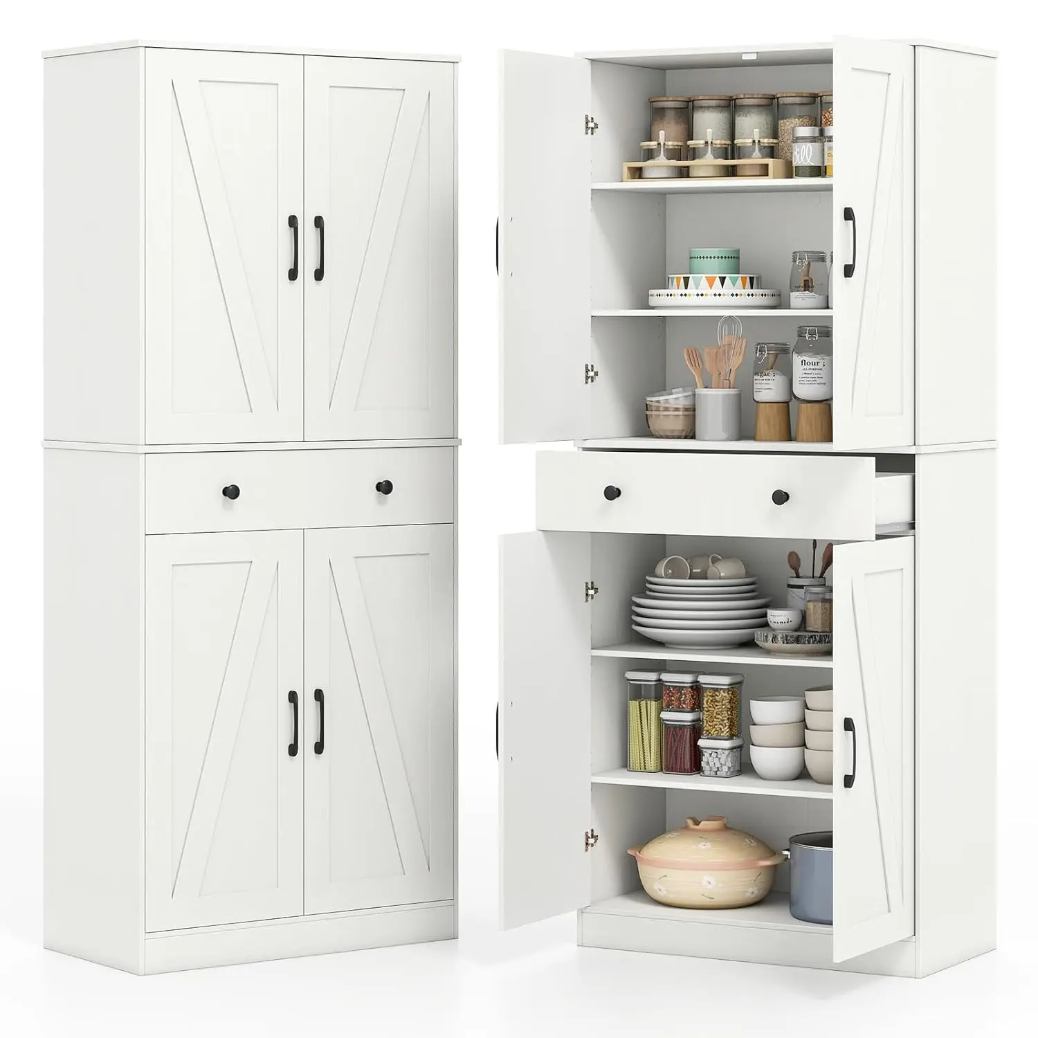 72 Tall Pantry Cabinet Farmhouse 4 Barn Doors Adjustable Shelves Drawer Storage Living Dining Bathroom White, Customized
72 Tall Pantry Cabinet Farmhouse 4 Barn Doors Adjustable Shelves Drawer Storage Living Dining Bathroom White, Customized