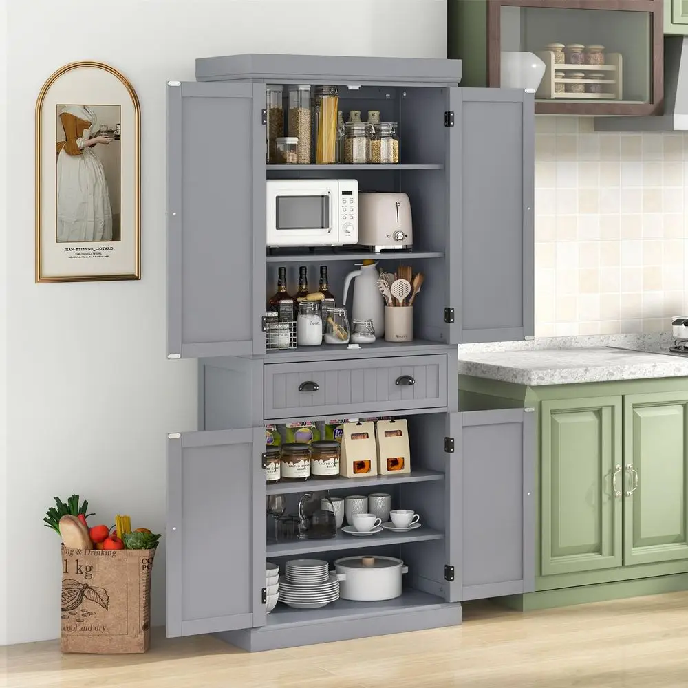 72 H Kitchen Pantry Cupboard Cabinet, Traditional Freestanding Large Tall Storage Cabinet with 2 Cabinets and Drawer, Adjustabl
72 H Kitchen Pantry Cupboard Cabinet, Traditional Freestanding Large Tall Storage Cabinet with 2 Cabinets and Drawer, Adjustabl