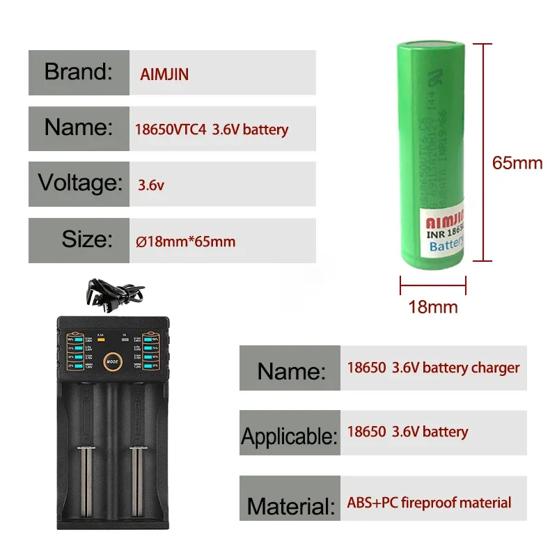 VTC6 3000mAh 3.6V Rechargeable Lithium Battery 18650 for Electronic Cigarette Lantern Toys Tools Comes with Charger
VTC6 3000mAh 3.6V Rechargeable Lithium Battery 18650 for Electronic Cigarette Lantern Toys Tools Comes with Charger