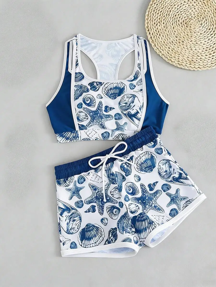 Womens Blue White Starfish Shell Print 2-Piece Swimwear Halter Top Drawstring Shorts Nautical Chic Beach Sport
Womens Blue White Starfish Shell Print 2-Piece Swimwear Halter Top Drawstring Shorts Nautical Chic Beach Sport