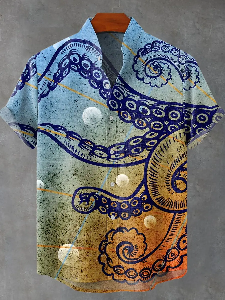 2025 men's summer casual linen short sleeved shirt, high-quality fashionable button top with octopus pattern print 
2025 men's summer casual linen short sleeved shirt, high-quality fashionable button top with octopus pattern print