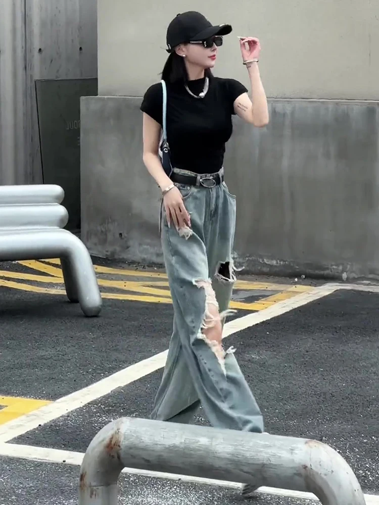 Retro Street Style Women's High Waist Skinny Straight Leg Jeans Summer New Fashion Hole Design Wide Leg Pants
Retro Street Style Women's High Waist Skinny Straight Leg Jeans Summer New Fashion Hole Design Wide Leg Pants