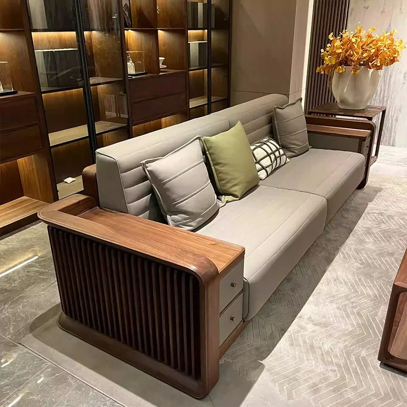 New Chinese-style solid wood sofa, high-end black walnut simple leather sofa large apartment living room straight row
New Chinese-style solid wood sofa, high-end black walnut simple leather sofa large apartment living room straight row