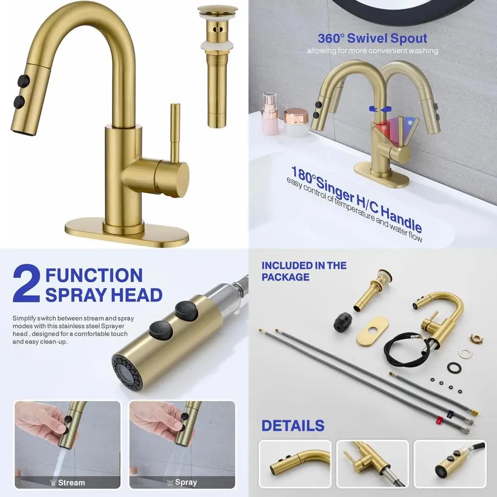 Single Handle Pull-Out Spray Faucet with Pop-Up Drain in Brushed Gold, KBL-7002BG-CL for Bathroom or Laundry Sink
Single Handle Pull-Out Spray Faucet with Pop-Up Drain in Brushed Gold, KBL-7002BG-CL for Bathroom or Laundry Sink