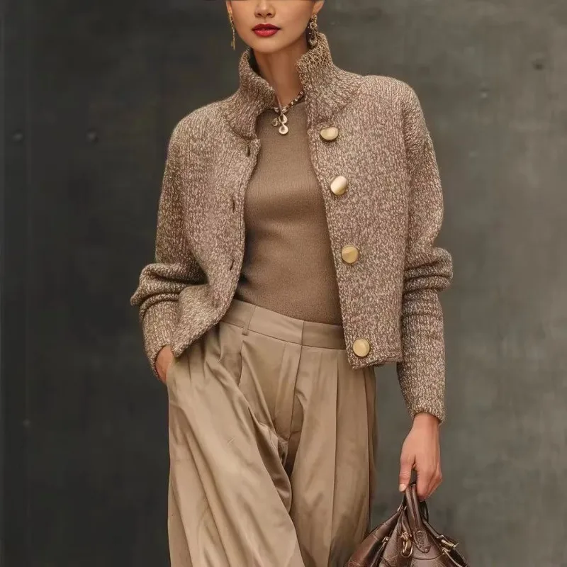 Camel High Neck Jacket Knit Cardigan Coat Elegant Fashion Button Down Long Sleeve Sweater Fall Winter Outerwear
Camel High Neck Jacket Knit Cardigan Coat Elegant Fashion Button Down Long Sleeve Sweater Fall Winter Outerwear