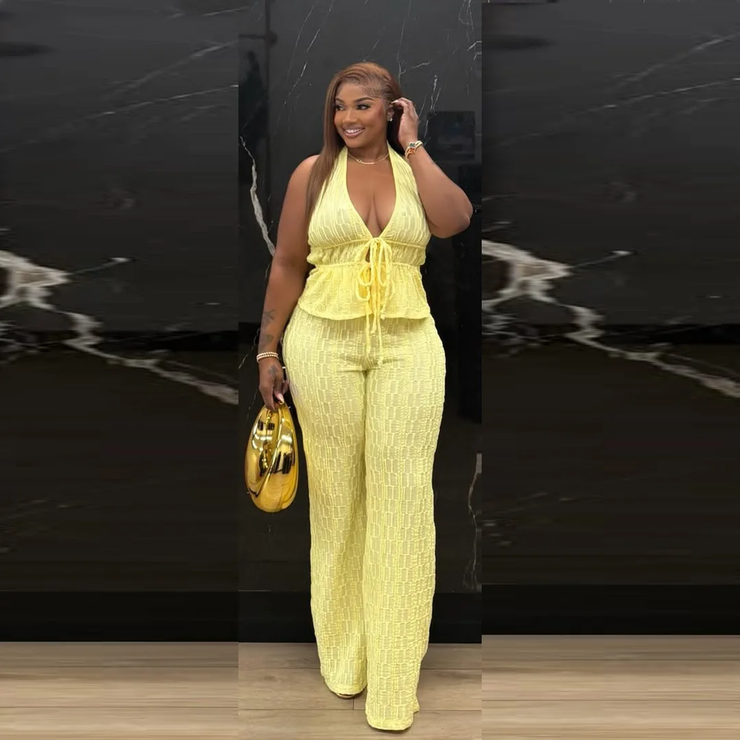 STYLISH LADY 2 Piece Pants Set Halter Neck Smocked Tie Front Peplum Top High Waist Wide Leg Trousers Textured Casual Co Ord Sets
STYLISH LADY 2 Piece Pants Set Halter Neck Smocked Tie Front Peplum Top High Waist Wide Leg Trousers Textured Casual Co Ord Sets