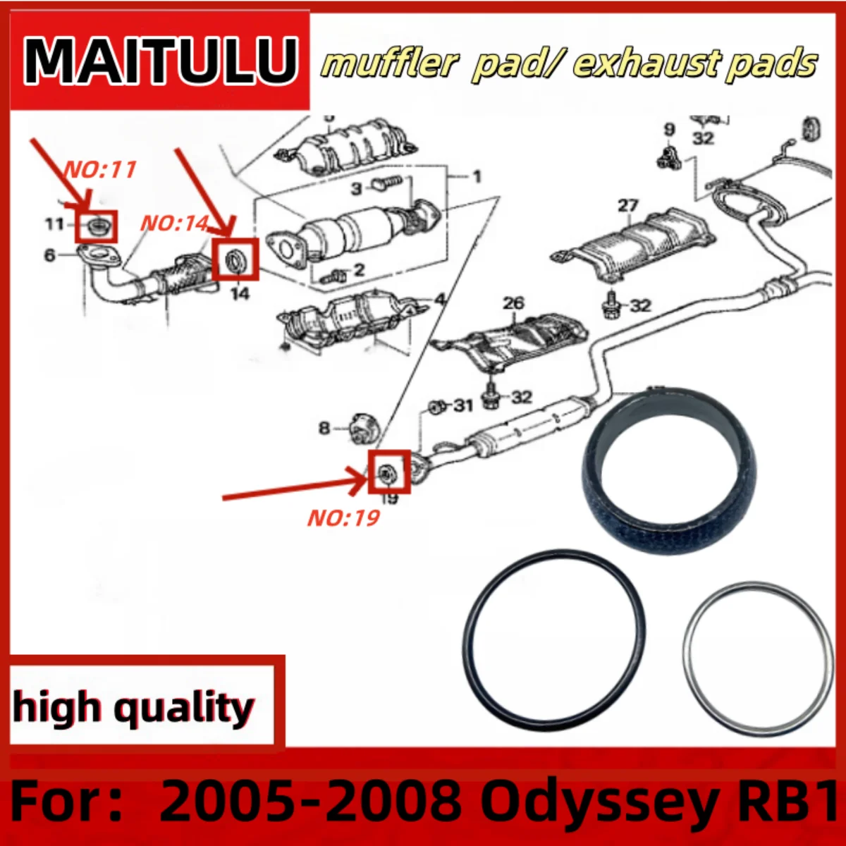 18229-SLJ-023 18302-SP0-003 for Honda 2005-2008 Odyssey RB1 exhaust gasket front, middle and muffler interface pads 
18229-SLJ-023 18302-SP0-003 for Honda 2005-2008 Odyssey RB1 exhaust gasket front, middle and muffler interface pads