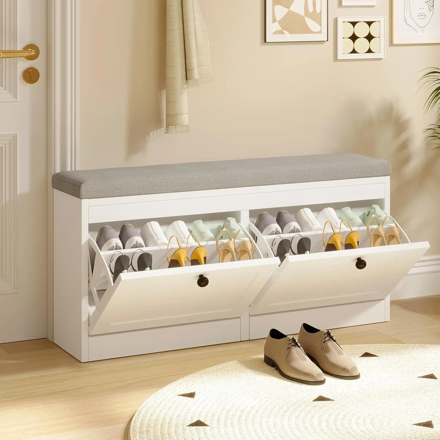 Shoe Bench with 2 Flip Drawers, Shoe Organizer Storage Bench with Adjustable Shelves for Entryway, Hallway, Living, Customized
Shoe Bench with 2 Flip Drawers, Shoe Organizer Storage Bench with Adjustable Shelves for Entryway, Hallway, Living, Customized