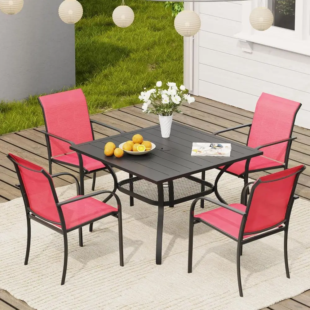 Red Patio Dining Set for 4 with Stackable Chairs and Metal Square Table with Storage
Red Patio Dining Set for 4 with Stackable Chairs and Metal Square Table with Storage
