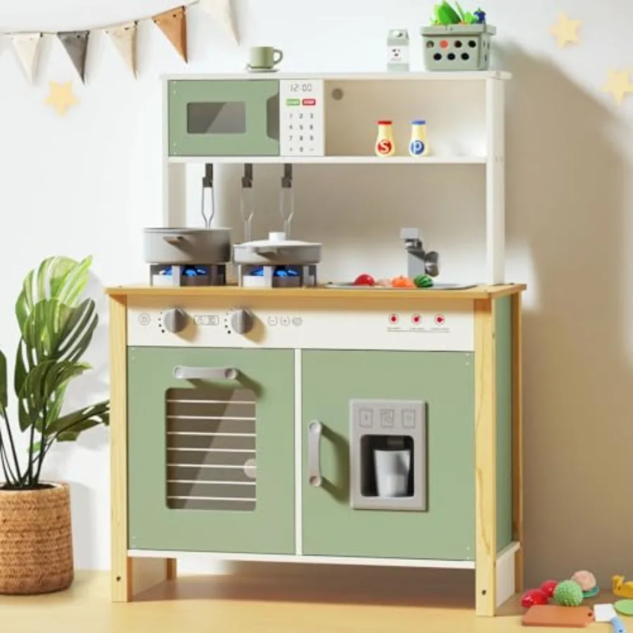 play kitchen for ages 3+, wooden pretend play kitchen with real lights and sounds, green finish, includes stove sink oven and 3
play kitchen for ages 3+, wooden pretend play kitchen with real lights and sounds, green finish, includes stove sink oven and 3