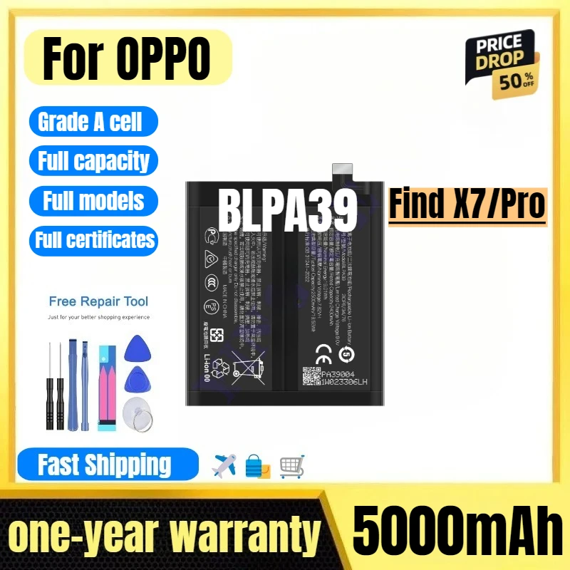 BLPA39 for OPPO Find X7/Pro Mobile Phone Battery High Quality High Capacity Battery Replacement Bateria Grade A Cell with Tools
BLPA39 for OPPO Find X7/Pro Mobile Phone Battery High Quality High Capacity Battery Replacement Bateria Grade A Cell with Tools
