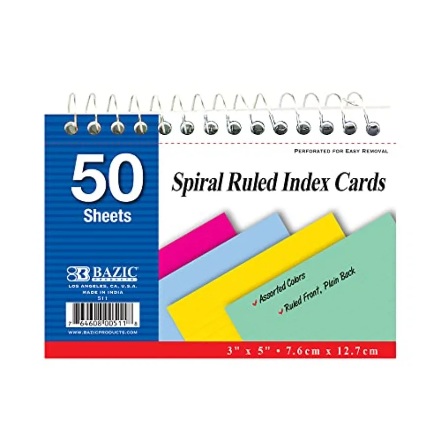 BAZIC 50 Ct. Spiral Bound 3" X 5" Ruled Colored Index Card, Case of 1
BAZIC 50 Ct. Spiral Bound 3" X 5" Ruled Colored Index Card, Case of 1