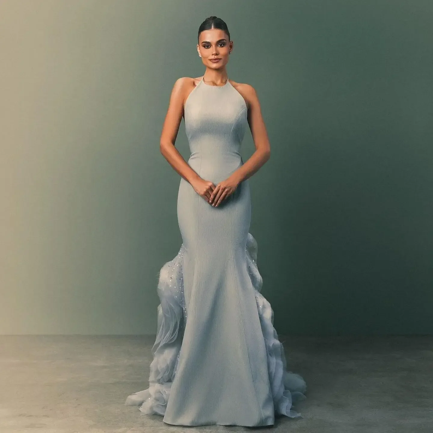 Elegant Halter Ruffle Hem Mermaid Evening Dress Lace up Backless rhinestone Sweep Train Formal Cocktail Prom Party Vestidos
Elegant Halter Ruffle Hem Mermaid Evening Dress Lace up Backless rhinestone Sweep Train Formal Cocktail Prom Party Vestidos