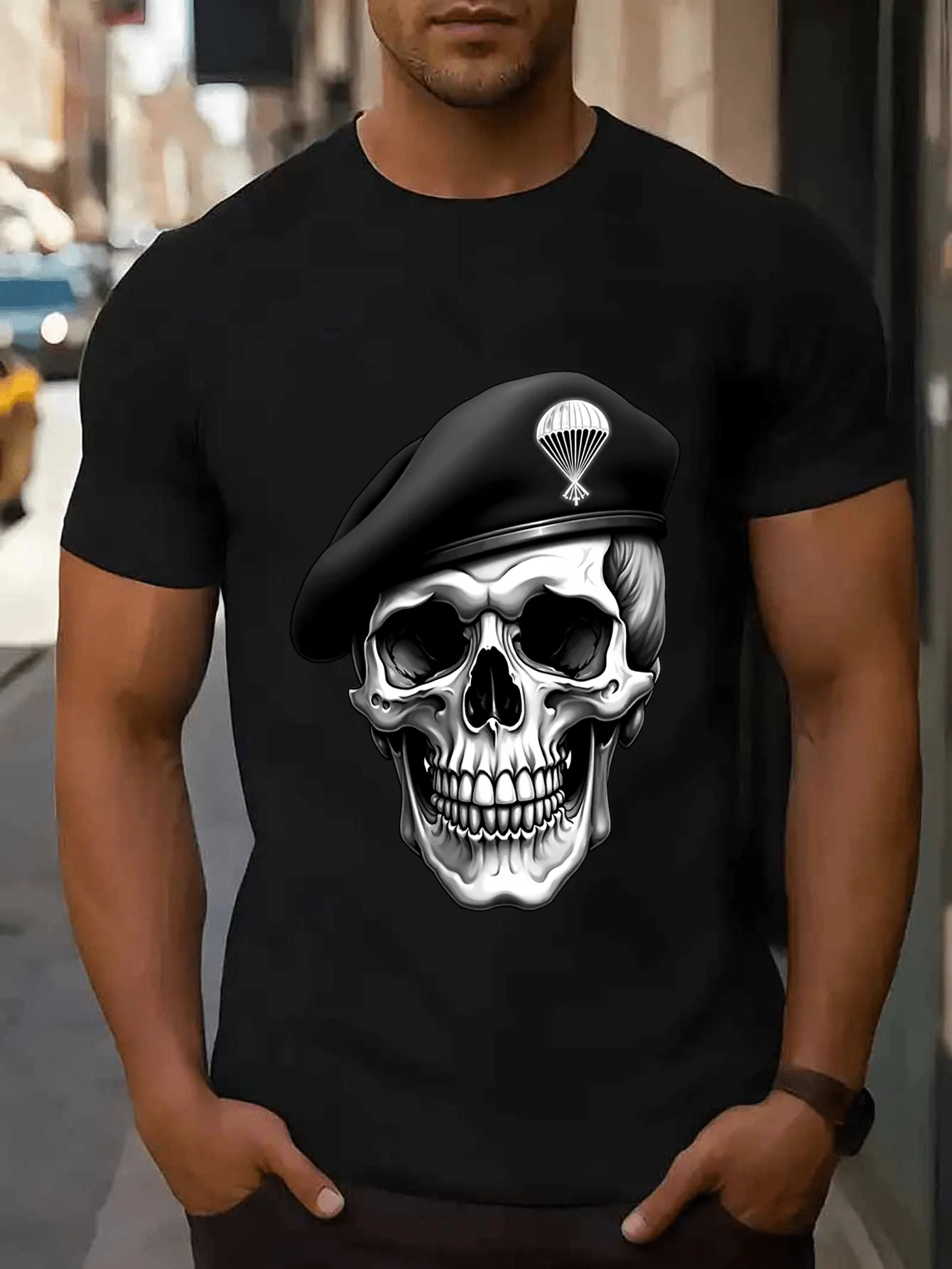 Men's Military Skull Paratrooper Hat Graphic T-Shirt - Bold Streetwear Casual Short Sleeve Tee, Comfortable Blend, Machine Washa
Men's Military Skull Paratrooper Hat Graphic T-Shirt - Bold Streetwear Casual Short Sleeve Tee, Comfortable Blend, Machine Washa