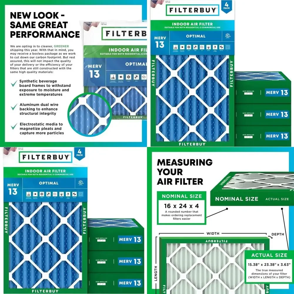 4-Pack MERV 13 Air Filters for Smoke & Allergy Protection - 16x24x4 Pleated HVAC AC/Furnace Replacement Filters (Actual Size: 15
4-Pack MERV 13 Air Filters for Smoke & Allergy Protection - 16x24x4 Pleated HVAC AC/Furnace Replacement Filters (Actual Size: 15