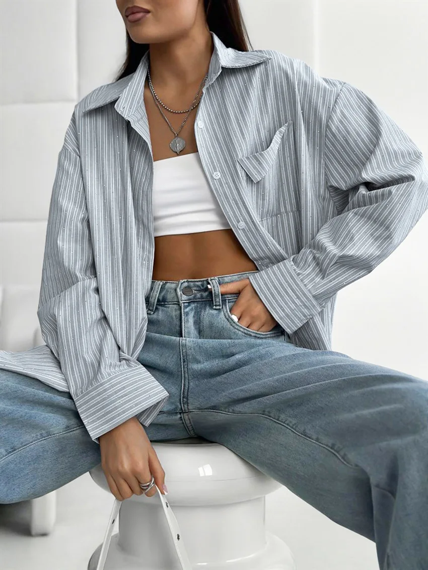 Bling Pocket Striped Shirt Women Summer Fashion Lapel Single Breasted Loose Shirts Blouses Lady Casual Elegant Shirt Tops 2025
Bling Pocket Striped Shirt Women Summer Fashion Lapel Single Breasted Loose Shirts Blouses Lady Casual Elegant Shirt Tops 2025