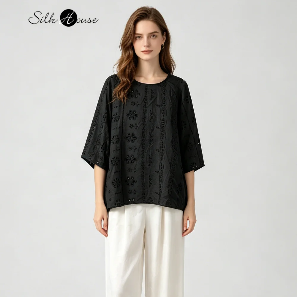Plus Size Women's Casual Summer New Embroidered 75% Natural Mulberry Silk Dry Silk Black Round Neck Three-quarter Sleeve T-shirt
Plus Size Women's Casual Summer New Embroidered 75% Natural Mulberry Silk Dry Silk Black Round Neck Three-quarter Sleeve T-shirt