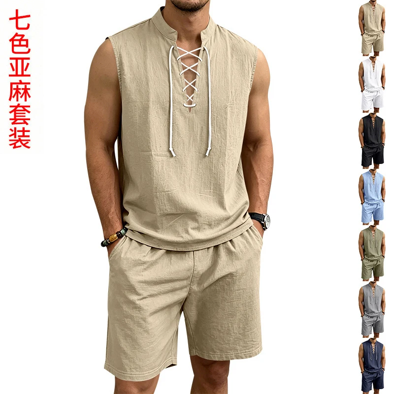 European and American summer linen suit, retro medieval drawstring sleeveless top, loose vacation casual shorts 2-piece set
European and American summer linen suit, retro medieval drawstring sleeveless top, loose vacation casual shorts 2-piece set
