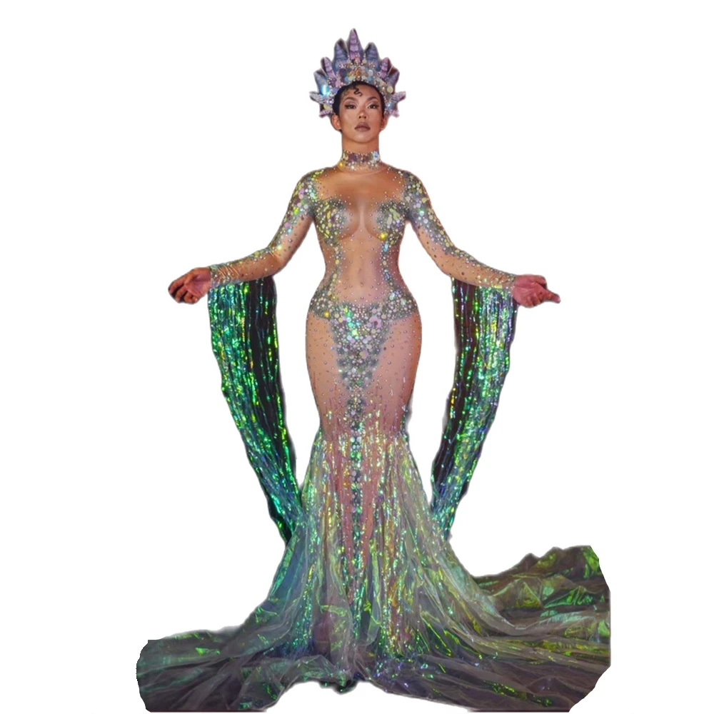 Nude Crystal Shining Rhinestones Tassel With Headdress Sexy Women Dress Fashion Show Festival Rave Cloth Stage Costumes
Nude Crystal Shining Rhinestones Tassel With Headdress Sexy Women Dress Fashion Show Festival Rave Cloth Stage Costumes